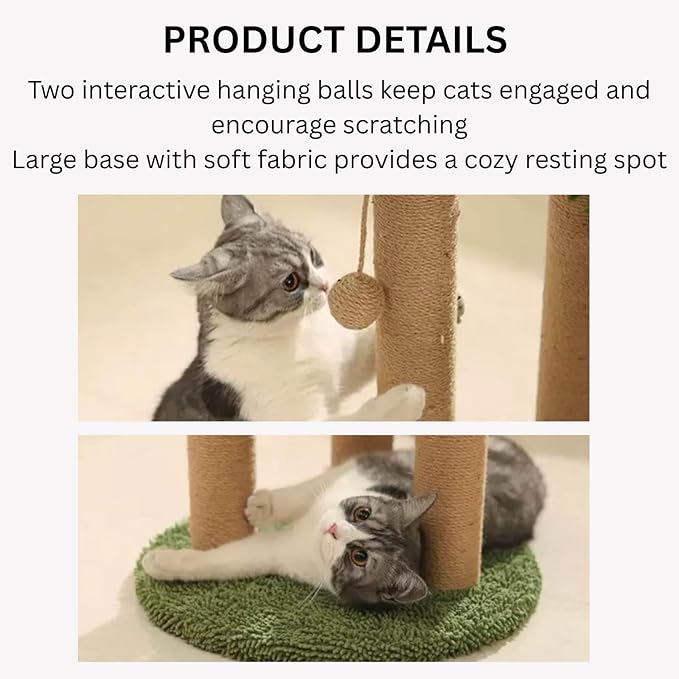 AIXINPET Cat Scratching Post, Cat Scratcher Tree with 3-Post Sisal Scratching Tower Post & 2 Hanging Balls, Tall Cat Tree Tower for Indoor Kittens & Adult Cats, Natural Home Décor, Protects Furniture