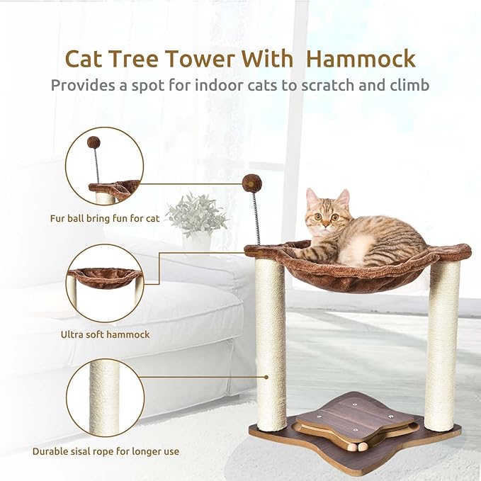 Cat Scratching Post for Indoor Cats, Small Cat Tree Tower with Hammock Wooden Interactive Track Ball,Wooden Interactive Ball Track for Kitten and Adult Cats,18inches