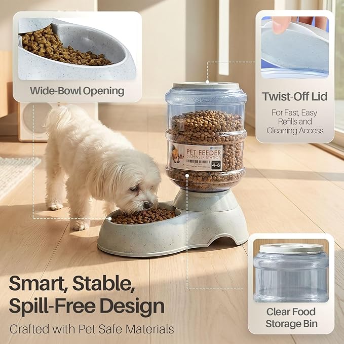 Flexzion Automatic Pet Feeder & Waterer Set of 2 Pack, Self Feeding Replenish Dog Cat Bowls, Gravity Food & Water Storage Container Fountain Jug Pet Supplies Plastic Skid Proof Rubber Feet (1 Gallon)