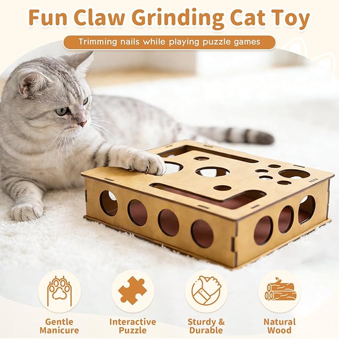 Cat Nail File Scratch Enrichment Box, Cat Scratch Puzzle Enrichment Box, Stress Free Alternative to Clippers and Grinders,Sandpaper Inside for Indoor Cats Scratching