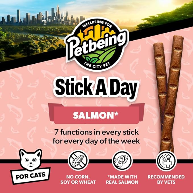 Stick a Day Cats | Specially Formulated 7-in-1 Functions Daily Real Meat Supplement for Cats | Cat Chew Stick & Pet Vitamins Supplements Combination (7-Pack x 4, Salmon)