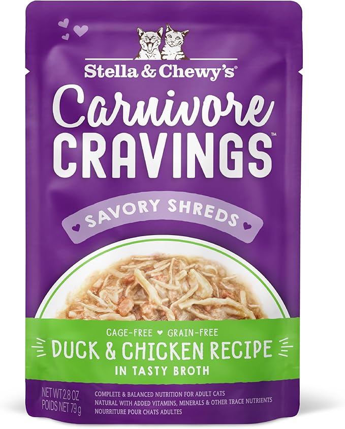 Stella & Chewy's Carnivore Cravings Wet Cat Food - Premium Pouches - Grain Free, High Protein Duck & Chicken - Perfect for Picky Eaters - Complete Meal or Topper (2.8 oz, 12 Pack)