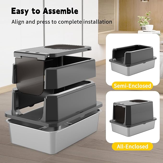RIZZARI Enclosed Cat Litter Box: All Black Stainless Steel - Odor-Resistant & Easy Wipe Clean - Teflon Non-Stick Coating for Quick Cleaning - Large Top-Exit Pan for Modern Homes Garage