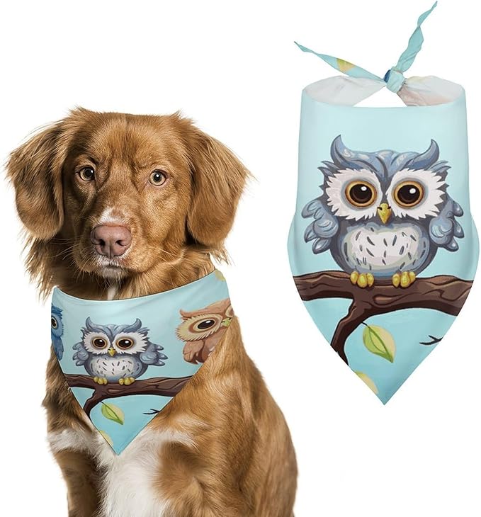 Dog Bandana Spring Pet Scarf Adjustable Triangle Owls on A Branch Printing Dog Bib Washable Polyester Puppy Bandana for Small Medium Large Dogs Cat Birthday Party Supplies