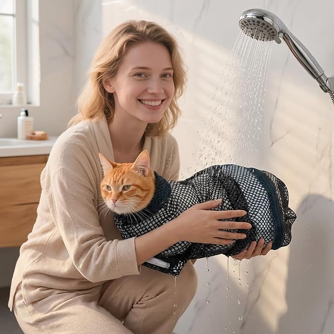 Cat Bathing Bag, Adjustable Mesh Grooming Restraint Bag for Cats, Red and Black, Stress-Free Pet Washing and Nail Trimming (Black)