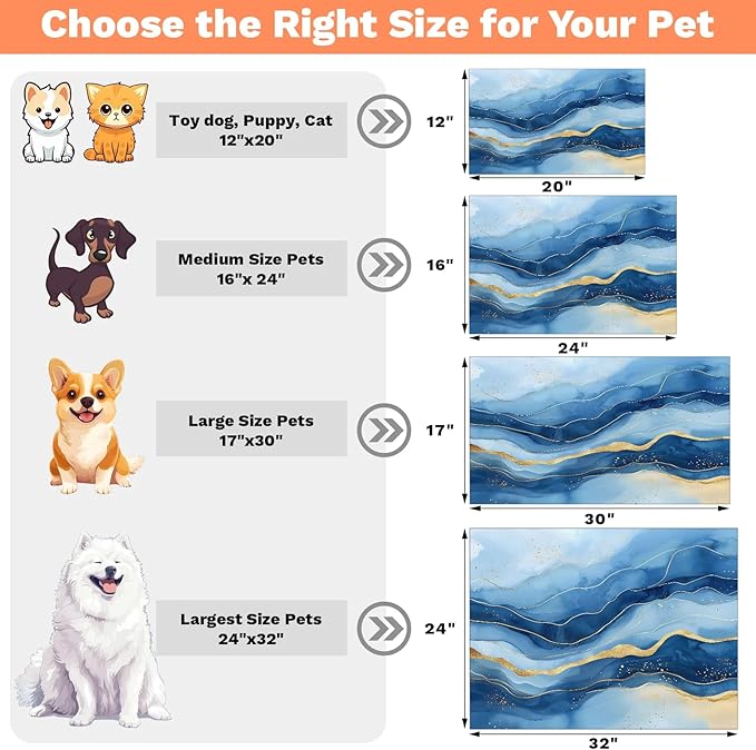 Marble Dog Food Mat for Floors Absorbent, Quick Dry Water Dispenser Mat for Food, Water, Pet Supplies 16" x 24", Blue Gold Abstract