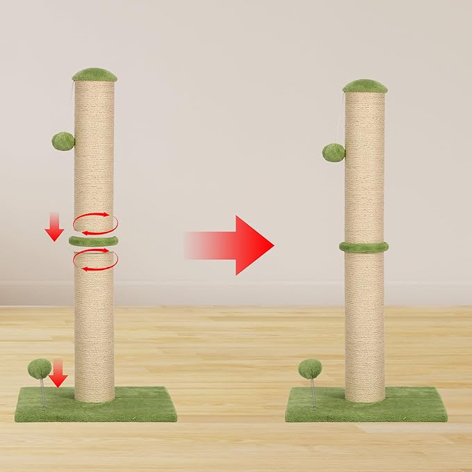 33" Tall Cat Scratching Post, 3-in-1 Durable Sisal Vertical Cat Scratcher Post with Hanging Ball, Soft Fabric Stable Base Cat Scratch Pole for Indoor Cats and Adult, Green