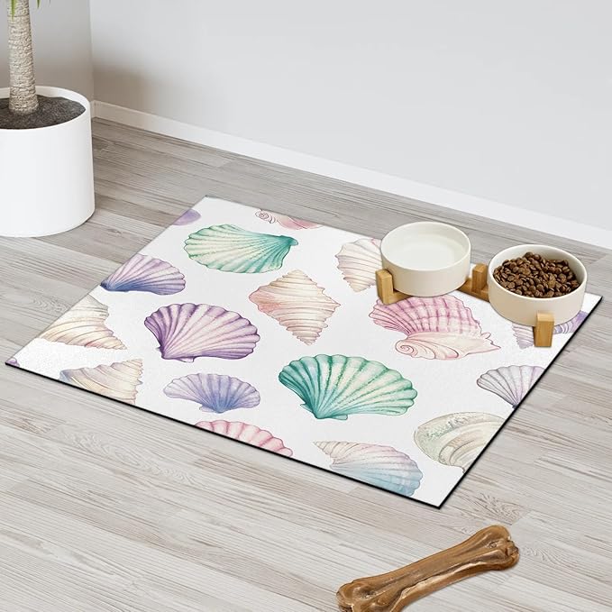 Seashells Dog Food Mat for Floors Absorbent Dog Bowl Mat for Food and Water Dispenser Quick Dry Cat Food Placemat Pet Supplies 24" x 32", Nautical Coastal