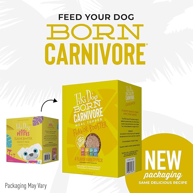 Tiki Dog Born Carnivore Flavor Booster, Variety Pack, Grain Free Wholesome Dog Food Additive, Meal Topper for All Dog Breeds and All Life Stages, 1.5 oz. Pouch, 12 Count
