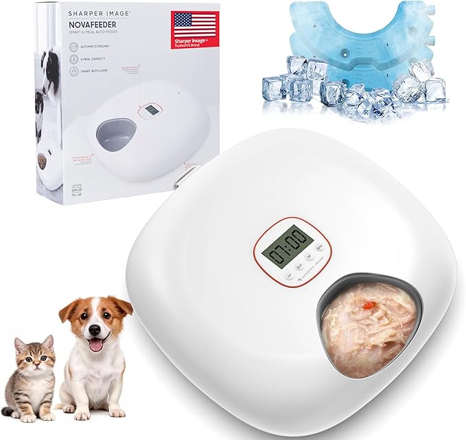 Automatic Cat Feeder Wireless, Sharper Image Auto Cat Food Dispenser for Wet Food with 2 Ice Packs, Rechargeable Auto Feeder for Cats with Programmable Timer Low Battery Indicator, White