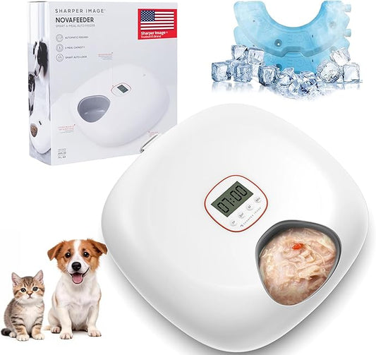 Automatic Cat Feeder Wireless, Sharper Image Auto Cat Food Dispenser for Wet Food with 2 Ice Packs, Rechargeable Auto Feeder for Cats with Programmable Timer Low Battery Indicator, White