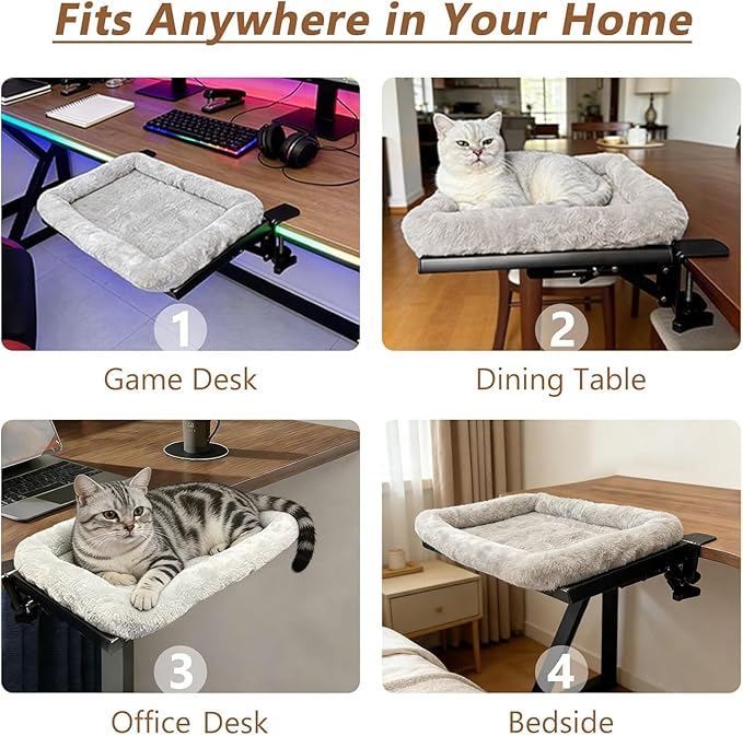 Cat Hammock for Desk Side - Foldable Office & Gaming Perch, Soft Faux Rabbit Fur Calming Bed, Heavy Duty Metal Frame Holds 33 lbs, Prevents Keyboard Sitting