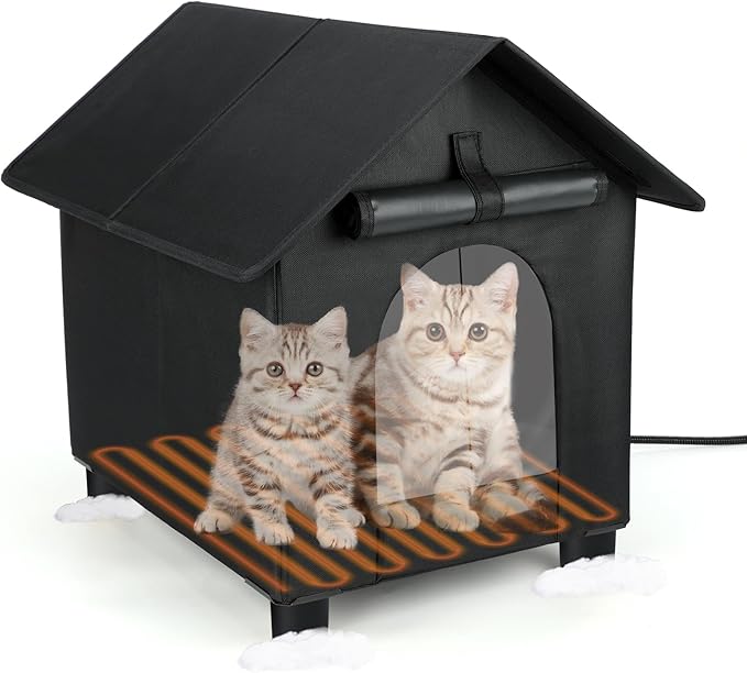 BWOGUE Elevated Heated Cat House for Outdoor Cats in Winter, Waterproof & Insulated Feral Cat Shelter for Outside Cats,Weatherproof Feral Cat House for Outside (Black, L)