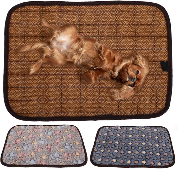 AYNEFY Doublesided Pet Mat Dog Daily Supplies Rattan and Warm Plush Cat Dog Bed for Summer Winter Use with Strong Edging for Cages Or Floor Doublesided Pet Mat Soft Breathable Cooling (XL)