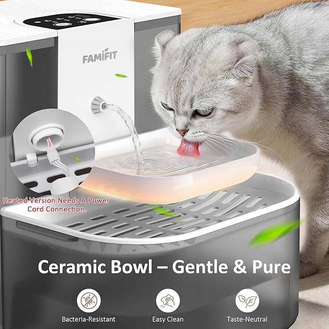 [New Upgrade] Famifit 4L+2.5L Heated Automatic Cat Water Fountain, 4000mAh Battery, Warm Water Option, Timed & Measured Control, Clean Water System, No Filter, Ceramic Bowl, Plug-in Recommended