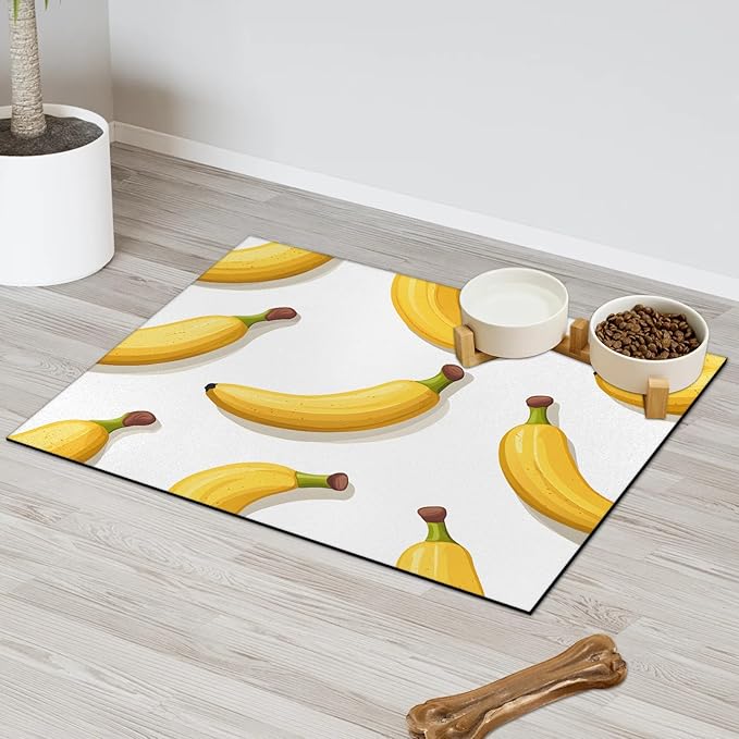 Banana Fruit Dog Food Mat for Floors Absorbent Dog Bowl Mat for Food and Water Dispenser Quick Dry Cat Food Placemat Pet Supplies 12" x 20", Tropical Fruit