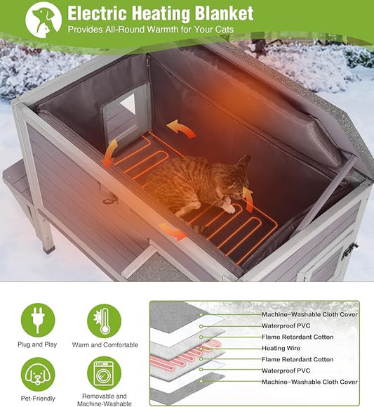 GUTINNEEN Heated Cat House for Outside, Outdoor Cat House Insulated with Bite-Resistant Wires, Detachable Lining, Expandable Feral Cat Shelter with Weatherproof Roof
