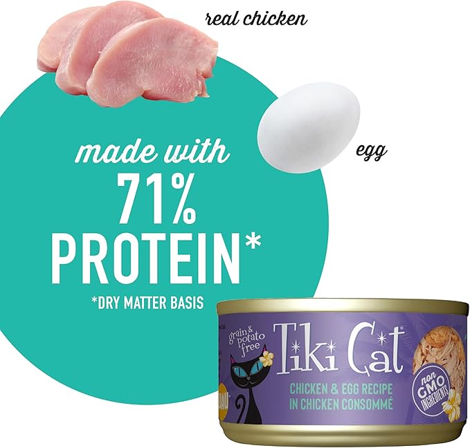 Tiki Cat Luau Shredded Meat, Chicken and Egg Recipe in Chicken Broth, Grain-Free Balanced Nutrition Wet Canned Cat Food, For All Life Stages, 2.8 oz. Cans (Pack of 12)