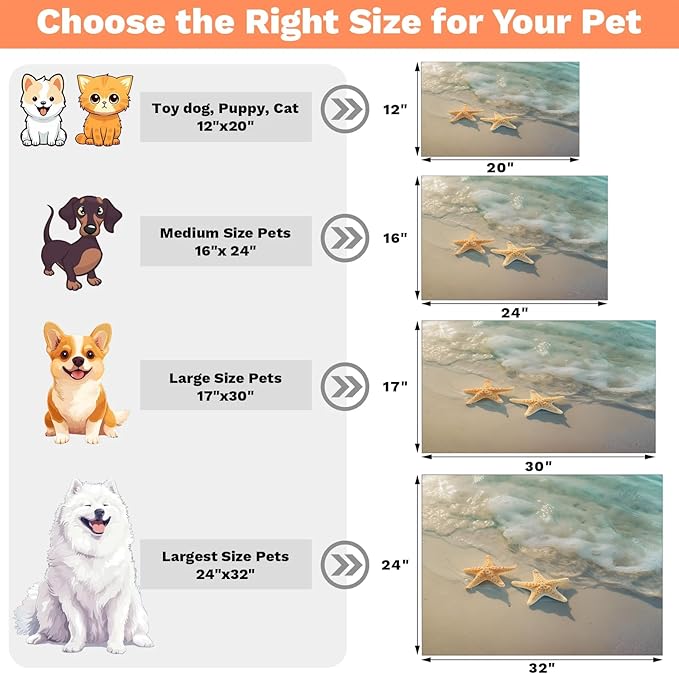 Starfish Dog Food Mat for Floors Absorbent, Quick Dry Water Dispenser Mat for Food, Water, Pet Supplies 16" x 24", Ocean Beach