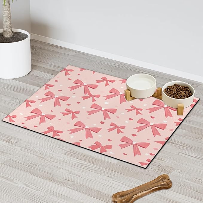 Pink Bow Dog Food Mat for Floors Absorbent, Quick Dry Water Dispenser Mat for Food, Water, Pet Supplies 17" x 30", Bowknot