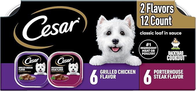 Cesar Classic Loaf in Sauce Adult Wet Dog Food Backyard Cookout, Grilled Chicken Flavor and Porterhouse Steak Flavor, Wet Food for Dogs, 3.5 oz. Easy Peel Trays Variety Pack, 12 Count