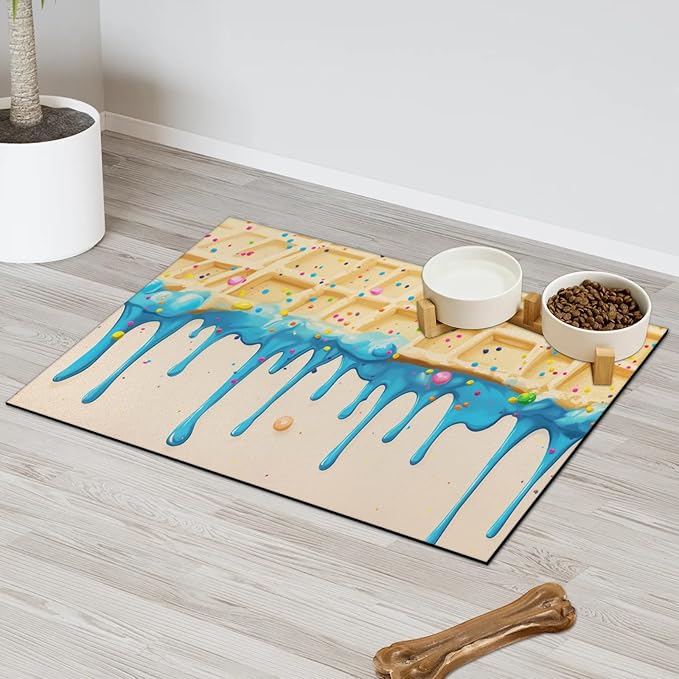 Blue Ice Cream Dog Food Mat for Floors Absorbent Dog Bowl Mat for Food and Water Dispenser Quick Dry Cat Food Placemat Pet Supplies 24" x 32", Sweet Donut