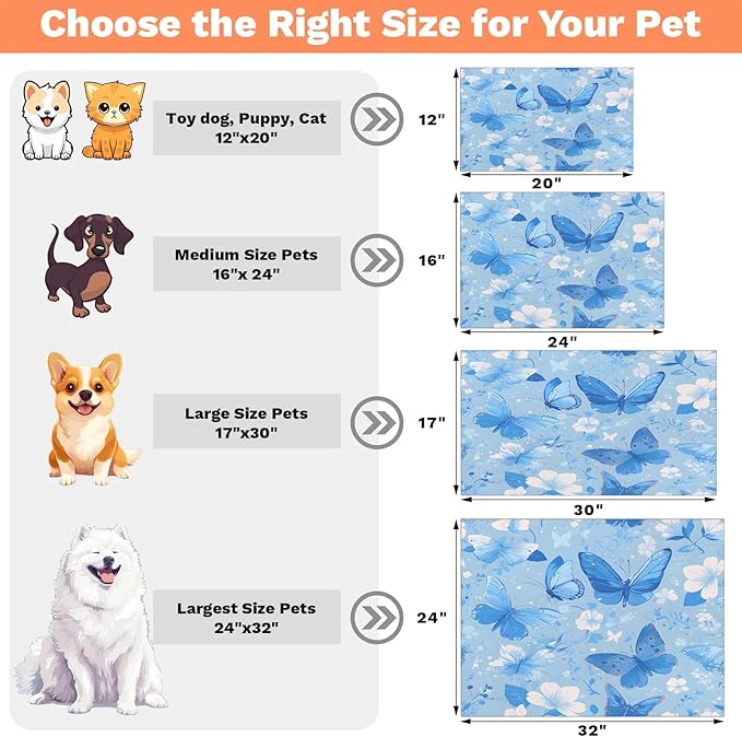 Blue Butterfly Dog Food Mat for Floors Absorbent, Quick Dry Water Dispenser Mat for Food, Water, Pet Supplies 12" x 20", Spring Flower