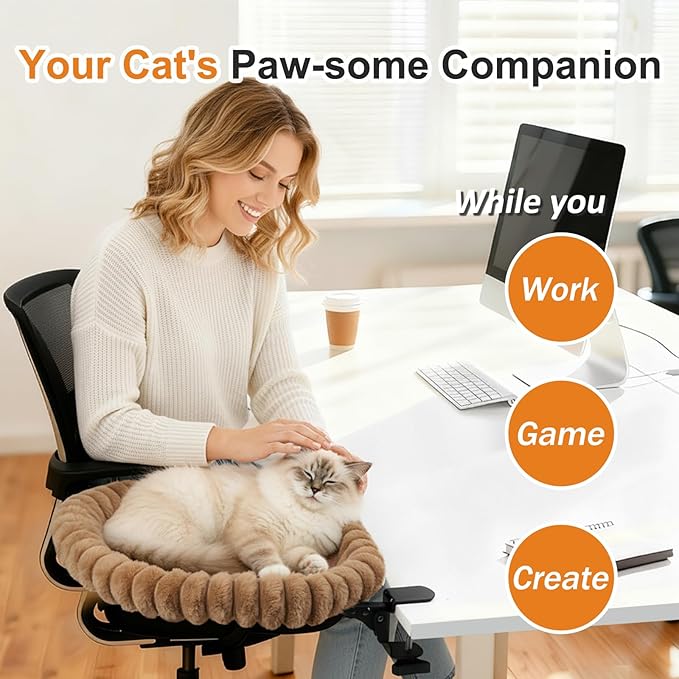 Pawow Large Cat Desk Bed, 90° Foldable Space-Saving & Sturdy Dual-Clamp, 2 Washable Covers(Faux Fur & Mesh), Metal Frame, Supports up to 40 Lbs, Pet Perch Desktop Hammock for Small to Large Cats