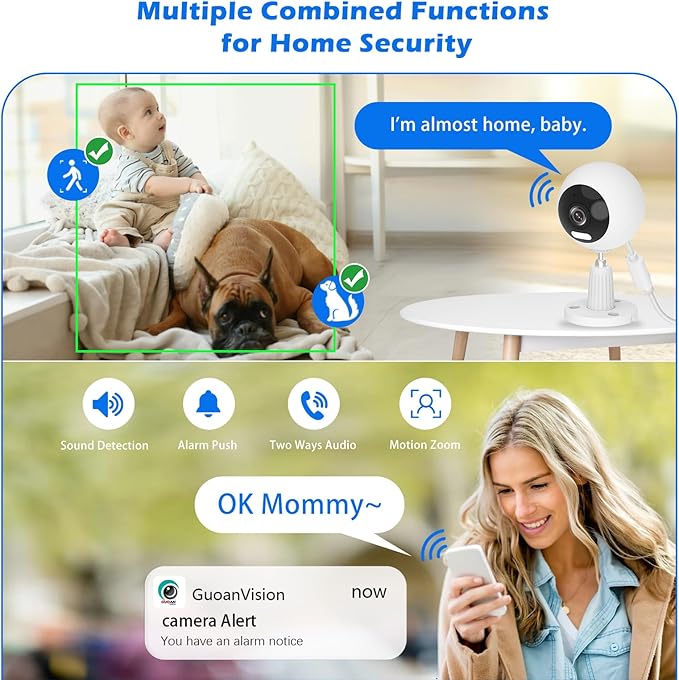 5G Cameras for Home Security Indoor/Outdoor Camera for Dog/Cat/Pet/Nanny/Baby, Baby Monitors with Phone App, IP66 Waterproof, Color Night Vision, White Light, Bell Siren, 24/7 SD Recordings- 2 Pack