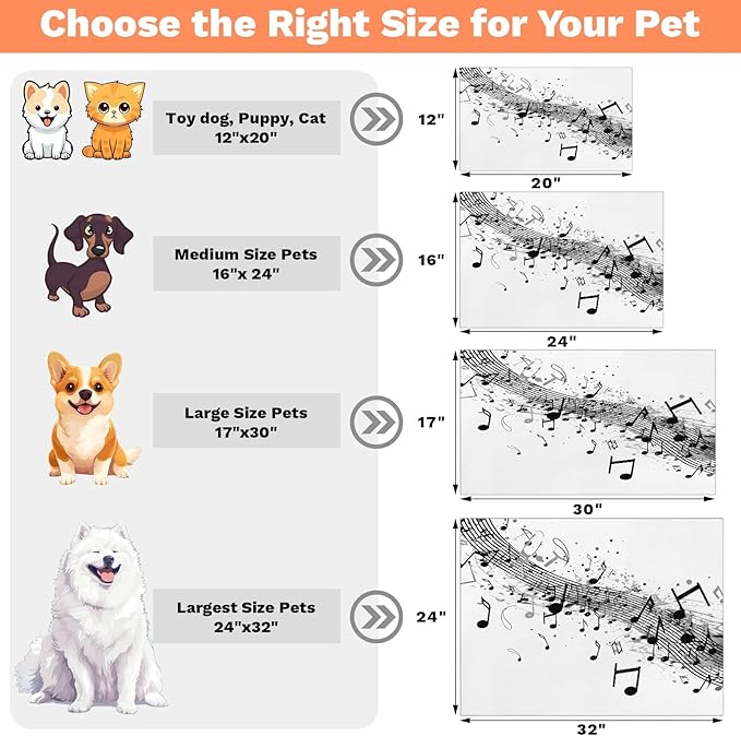 Music Notes Dog Food Mat for Floors Absorbent Dog Bowl Mat for Food and Water Dispenser Quick Dry Cat Food Placemat Pet Supplies 12" x 20", Black White
