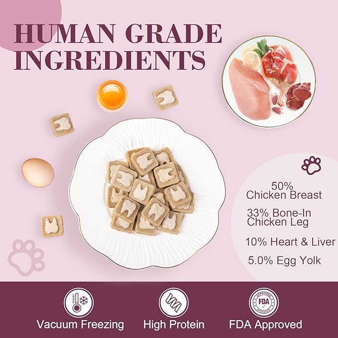 Dylan's cabin Freeze Dried Chicken Cat & Dog Treats - High Protein Dental Bites with Bone-in Thigh, Egg Yolk Training Kitten Puppy Snack for Coat Oral Health, 46pcs