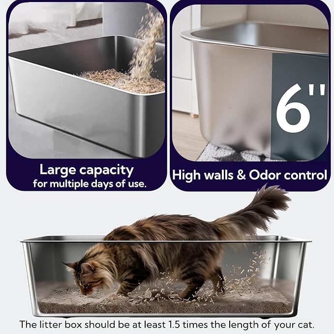 2 pack Stainless Steel Cat Litter Box with High Sides - Metal Cat Pan, Large Indoor Litter Tray, Never Absorbs Odor, Pet Toilet Supplies Smooth Surface for Kitten, Kitty, Rabbit 17.5"13.5"x6"