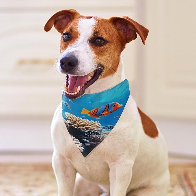 Dog Bandana Spring Pet Scarf Adjustable Triangle Ocean Tropical Fish Coral Printing Dog Bib Washable Polyester Puppy Bandana for Small Medium Large Dogs Cat Birthday Party Supplies