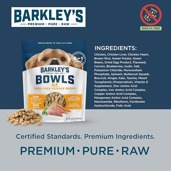 Barkley’s Bowls, Freeze-Dried Raw Chicken Dog Food, Fresh Whole Food Ingredients with Cage-Free Chicken, Grain Free, High Protein for Balanced Nutrition, Dog Treats or Topper, 16 Oz Bag (6 Pack)