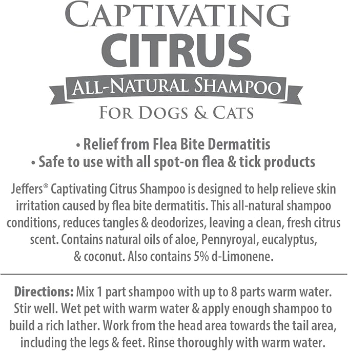 Jeffers Pet Captivating Citrus Shampoo, 1 Gallon – Soap Free Grooming for Dogs, Cats & Puppies – Orange & Lime Scent, Aloe & Coconut Oil – Safe for All Coat Types – Easy Rinse Formula for Home