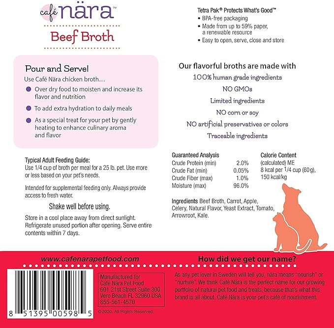 Café Nara Grain-Free Beef Bone Broth Wet Food Topper for Dogs & Cats - 100% Natural, Healthy Hydration - 1.1 lbs (Pack of 12)