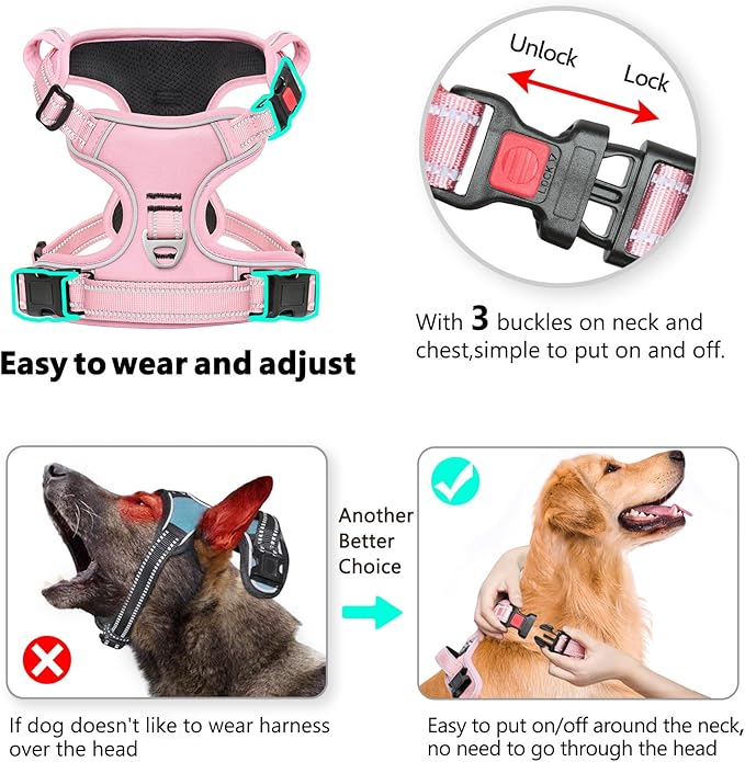 Timos Dog Harness Large Sized, No Pull Pet Harness with Neck Lockable Snap,No Choke Front Clip Dog Reflective Vest,Adjustable Metal Rings 3 Buckles,Easy Control Handle for Large Dogs Pink XL