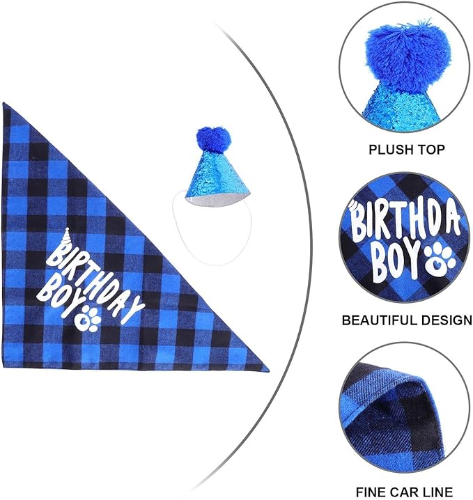 Beavorty Dog Birthday Bandana and Party Hat Set, Blue Cotton Pet Birthday Costume Accessories for Puppy Celebration and Dog Party Supplies