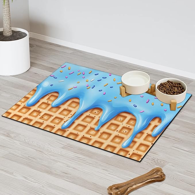 Blue Ice Cream Dog Food Mat for Floors Absorbent Dog Bowl Mat for Food and Water Dispenser Quick Dry Cat Food Placemat Pet Supplies 16" x 24", Waffle