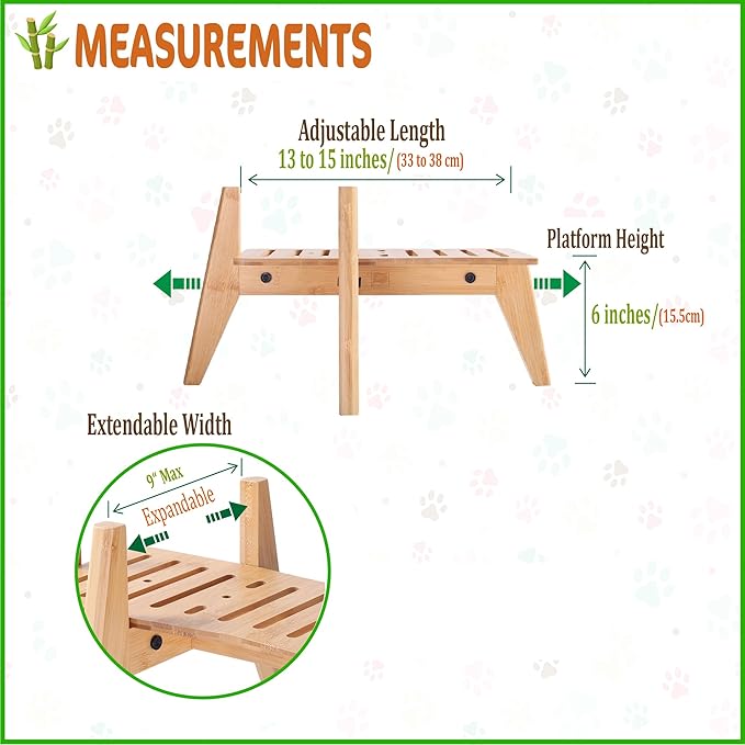 Dog Water Bowl Dispenser Stand - Compatible with Automatic Food Feeders and Water Dispensers - Adaptable Size (Fits S-M-L Sizes) - Natural Bamboo