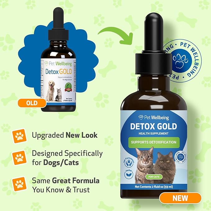 Pet Wellbeing Detox Gold for Cats - Supports Natural Vitality & Maintains Overall Wellness with Nettle, Blessed Thistle, Burdock Root - Veterinarian-Formulated Herbal Supplement 2 oz (59 ml)