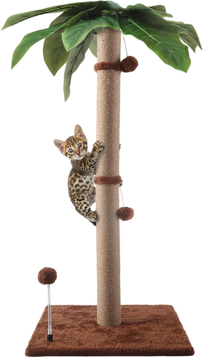 Cat Scratching Post, 34'' Tall Cat Scratchers for Indoor Cats with Hanging Balls, Tall Cute Sisal Kitten Scratch Post with Reinforced Stable Base, Brown, Medium