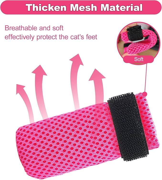 Rose Anti-Scratch Cat Foot Covers - Adjustable Mesh Paw Protectors, Non-Slip, Breathable - Suitable for Family Pet Cat Bathing and Nail Cutting (4 Pieces, L, Rose)