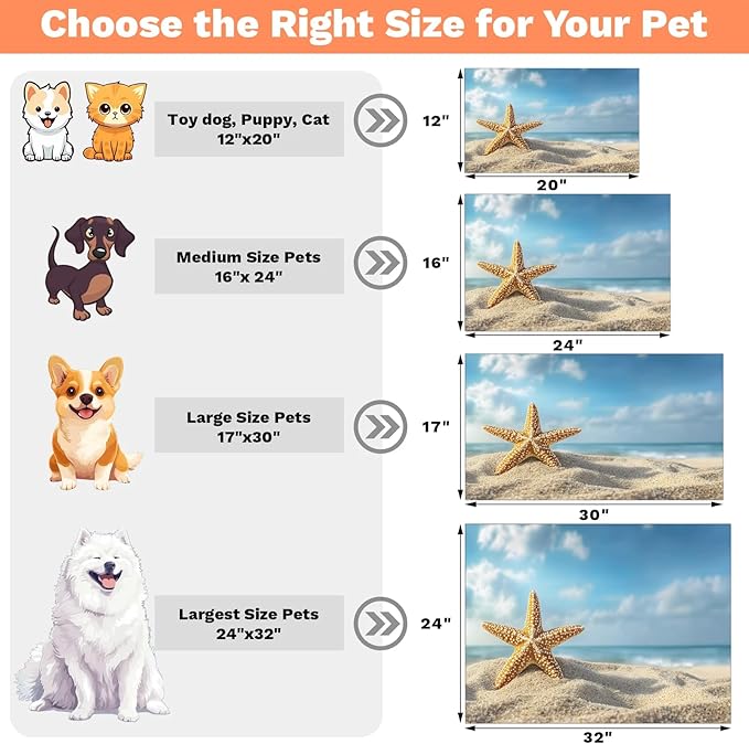 Starfish Dog Food Mat for Floors Absorbent Dog Bowl Mat for Food and Water Dispenser Quick Dry Cat Food Placemat Pet Supplies 17" x 30", Summer Beach