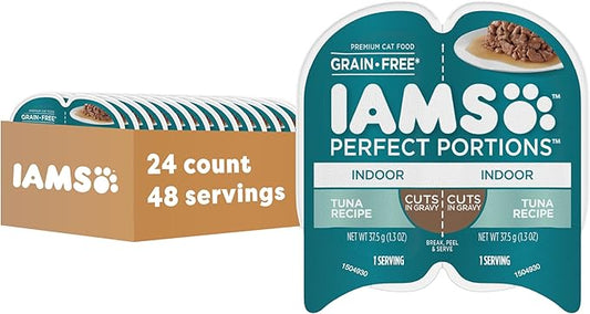 IAMS Perfect Portions Grain Free Wet Cat Food, Indoor Adult Cat Food Wet Cuts in Gravy, Tuna Recipe, (24) 2.6 oz. Twin-Pack Trays
