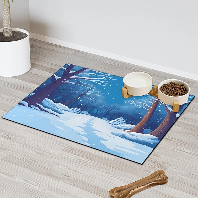 Winter Forest Dog Food Mat for Floors Absorbent, Quick Dry Water Dispenser Mat for Food, Water, Pet Supplies 12" x 20", White Snowy