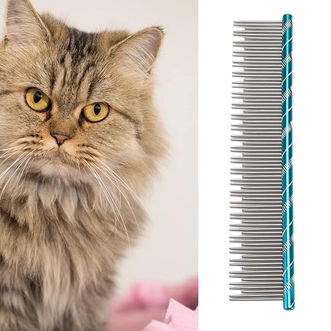 Pet Hair Removal Comb, Stainless Steel Cat Grooming Tool with Dual - Density Teeth, Open Knot Detangling Comb for Long and Short Haired Cats, Ergonomic Non - Slip Handle (Blue)