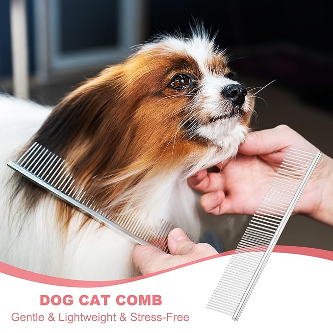 Dog Cat Comb, Pet Combs Stainless Steel Teeth with Rounded Ends for Knots Mats Loose Hair Removal, 7.5IN (Silver, 3 Pack), Grooming Tool Intended for Long Curly Hair Pet