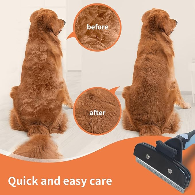 Pet Deshedding Tool, Self Cleaning Pet Grooming Rake, Deshedding Hair Brush with Stainless Steel Teeth and Rubber Handle, for Dog Cat Short Medium and Long Pet Hair (Large)