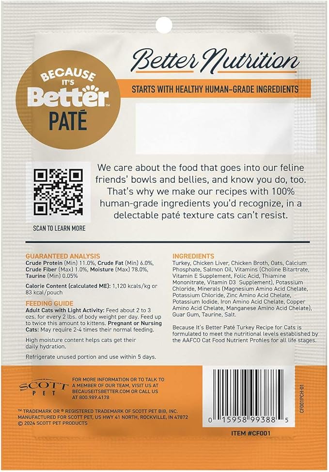 Because It's Better Pate Complete Meal, Turkey Recipe, 2.6 oz Pouches, Wet Cat Food, 12 Count